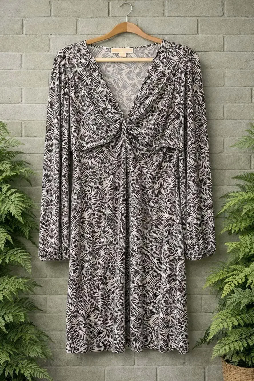 MICHAEL Michael Kors Brown Fern Print Long Sleeve Cut-Out Front Dress Size L